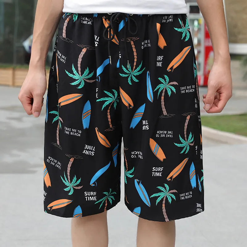 Men's loose ice silk beach pants with striped pattern showing elastic waist and quick-dry fabric