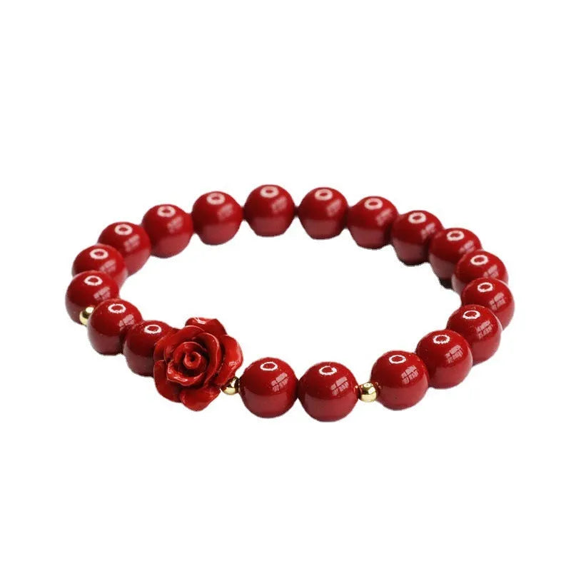 Natural cinnabar bracelet with purple gold sandstone rose pendant, 8mm bead size