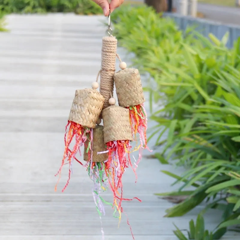 Colourful shredded paper bird toy made from wood and sisal for parrot chewing enrichment