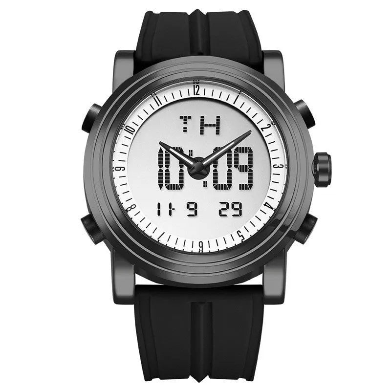 Black luminous electronic watch with analogue hands and digital display on 47mm dial