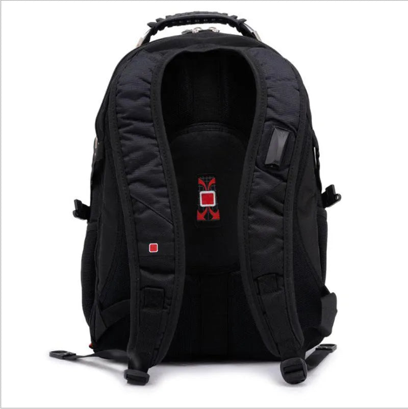 Black business backpack with multiple compartments open, showing padded laptop sleeve and organiser pockets.