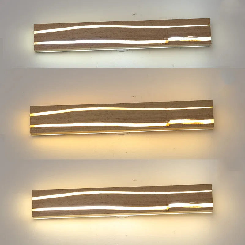 Solid wood LED wall light with rubber wood frame and acrylic diffuser in log colour