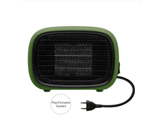 Mini ABS plastic PTC ceramic heater in green colour showing compact dimensions