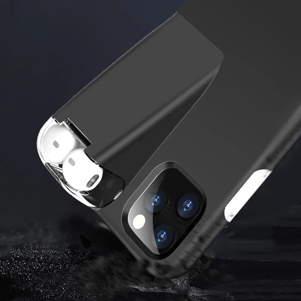 Black matte acrylic and silicone 2-in-1 case cover for AirPods charging case and compatible iPhone.