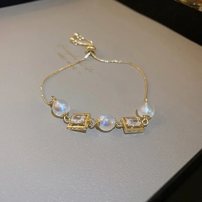 Baroque freshwater pearl bracelet with zircon accents geometric design women's gold colour