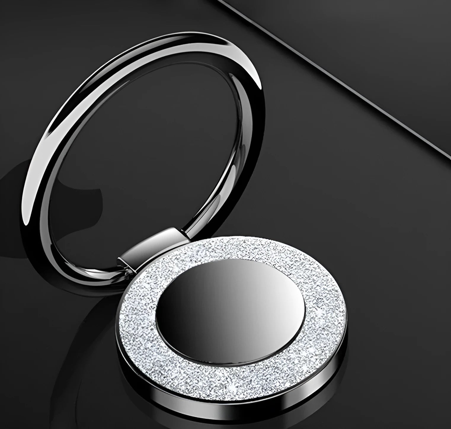 Bling glitter metal phone ring holder showing rotation and flip functions on mobile phone