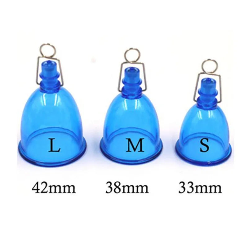 Blue silicone physical stretch exerciser cup for men, shown in small, medium, and large sizes.