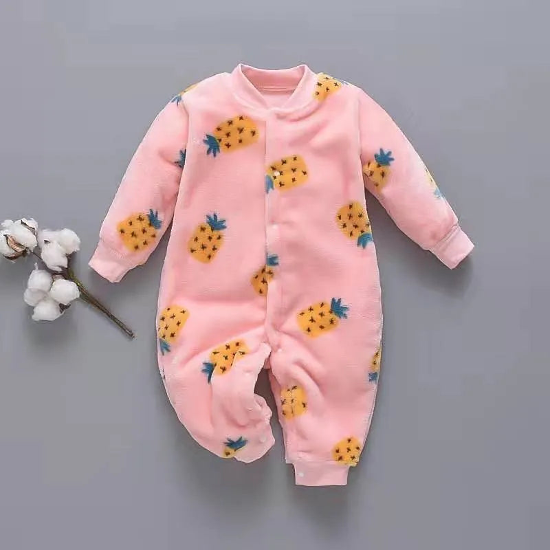 Baby wearing a long sleeve flannel romper with a panda print design