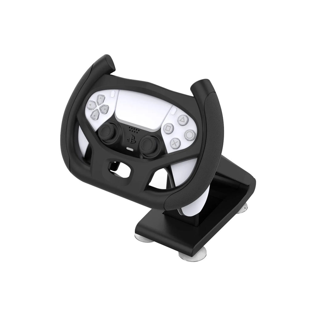 Black ABS gamepad steering wheel bracket with suction cup holding a mobile phone.