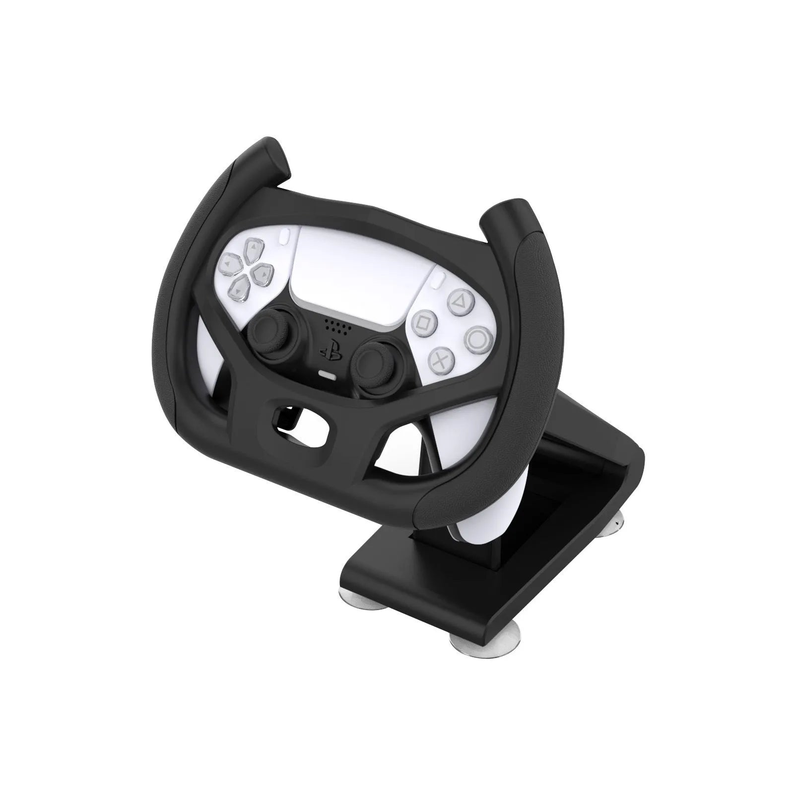 Black ABS gamepad steering wheel bracket with suction cup holding a mobile phone.