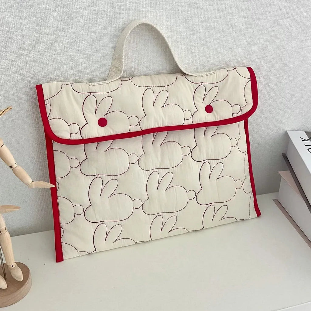 Embroidered rabbit pattern tablet storage bag in red rabbit colour, nylon material, 11 inch size
