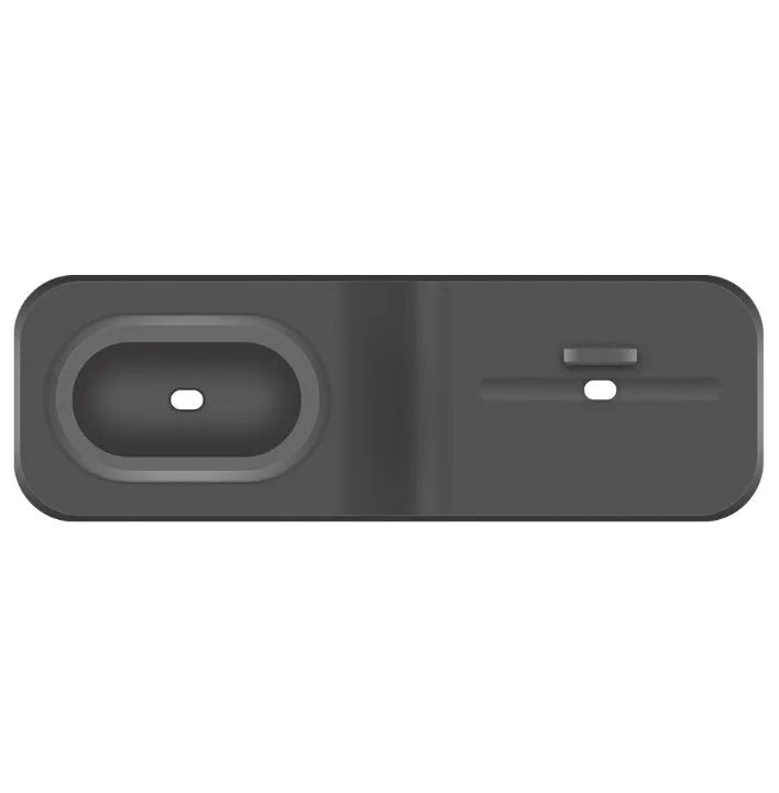 Black silicone 3-in-1 charging station for Apple iPhone, iWatch and AirPods on a desktop