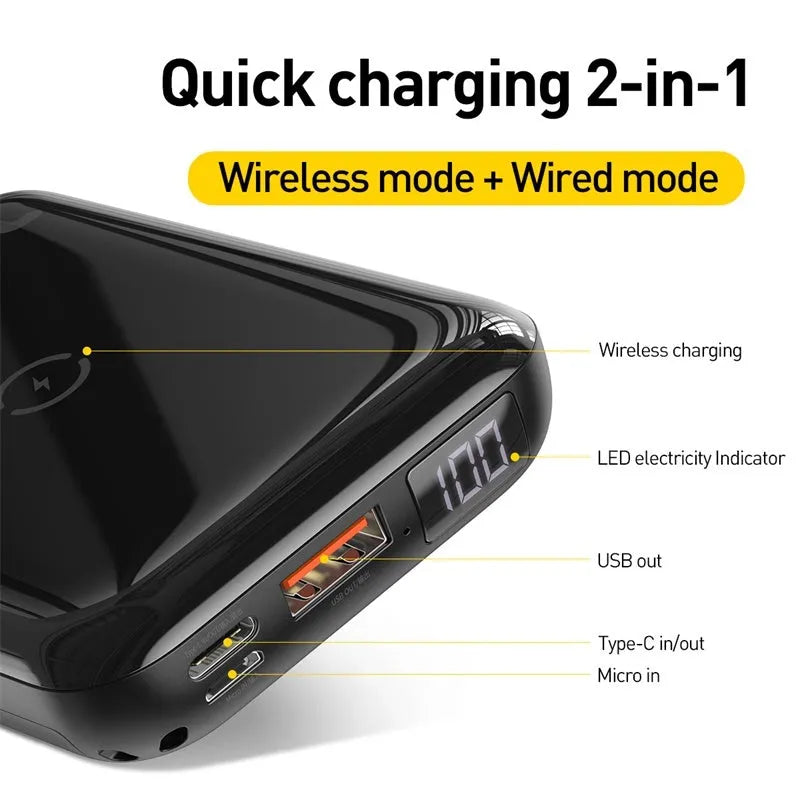 Small square wireless fast charge power bank with digital display showing battery percentage