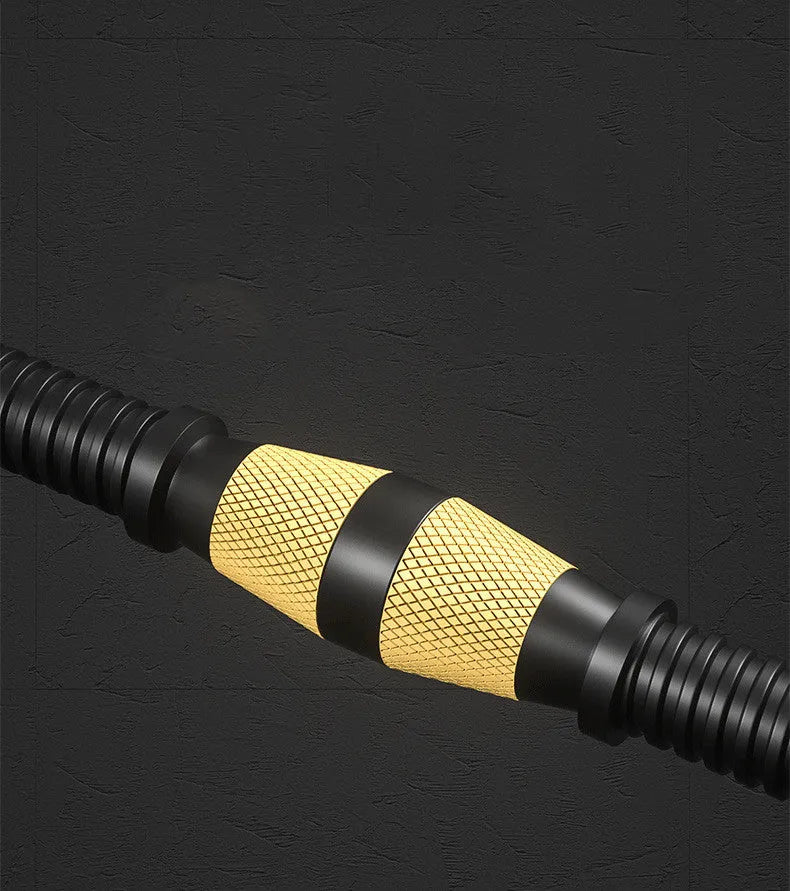 Rubber-coated dumbbell set with foam grip handle and double safety nut on wooden floor
