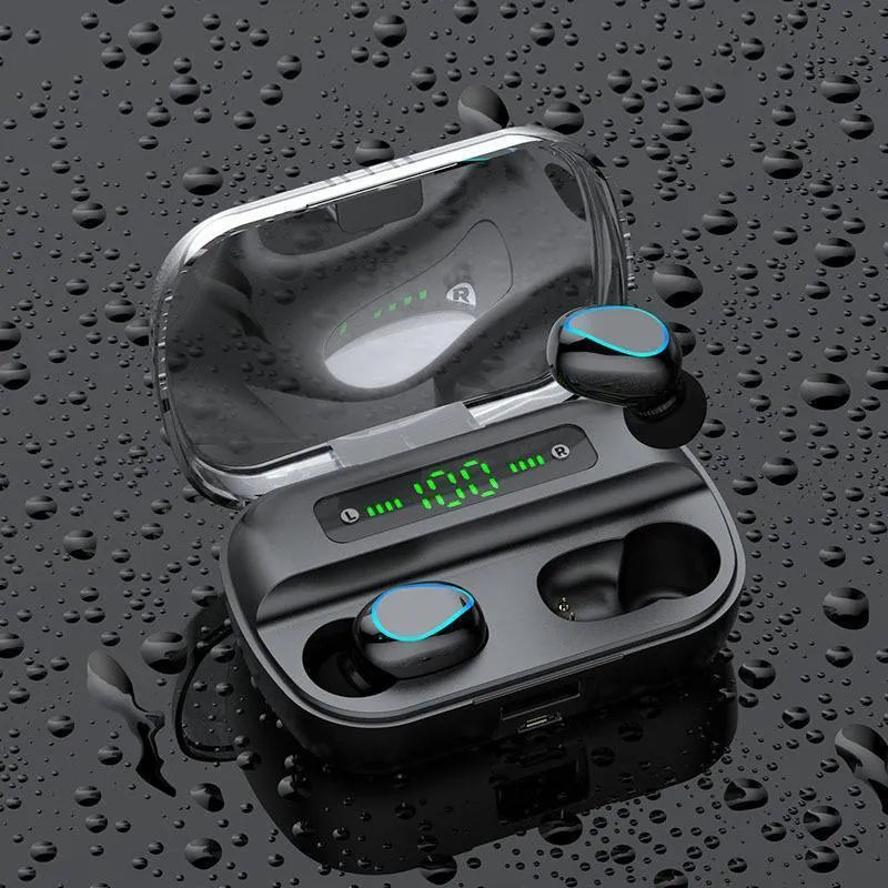 Black wireless Bluetooth 5.0 headset with earplug design for stereo sound and voice control