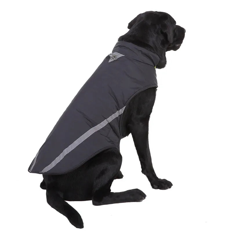 Cotton dog jacket for large dogs, two-legged design, shown in black with size chart