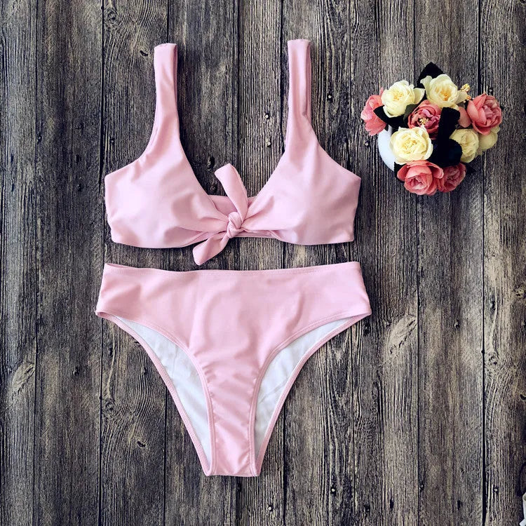 European style women's bikini swimwear set in solid colours with sleeveless design