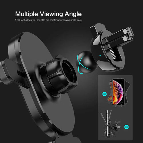 Black car phone holder with 360-degree rotation mounted on vehicle dashboard