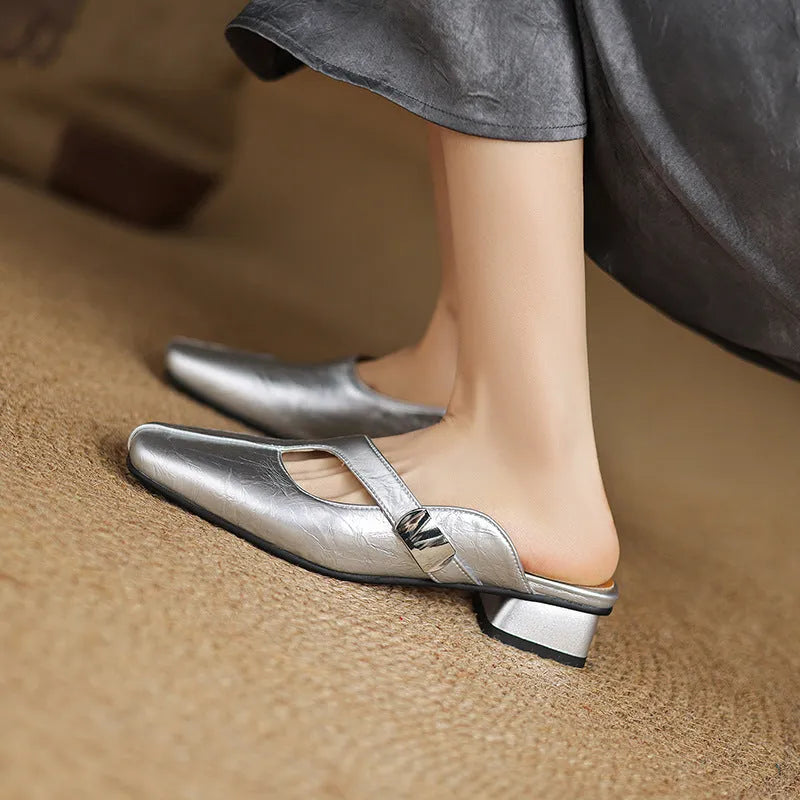 Women's square-toe outdoor slippers in black with a low heel and rubber sole.