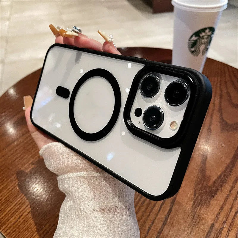 Acrylic magnetic soft edge phone case for Apple iPhone 11-15 series in black, showing camera cutout and soft bumper