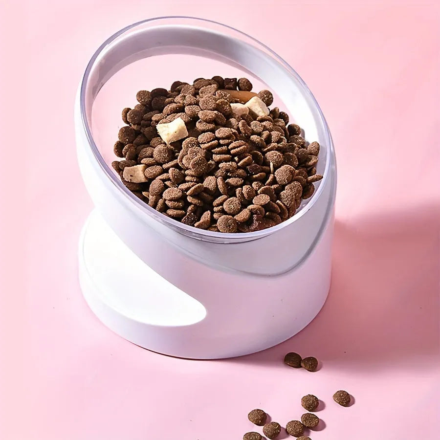 White elevated cat food bowl with clear plastic construction and anti-vomit tilt design