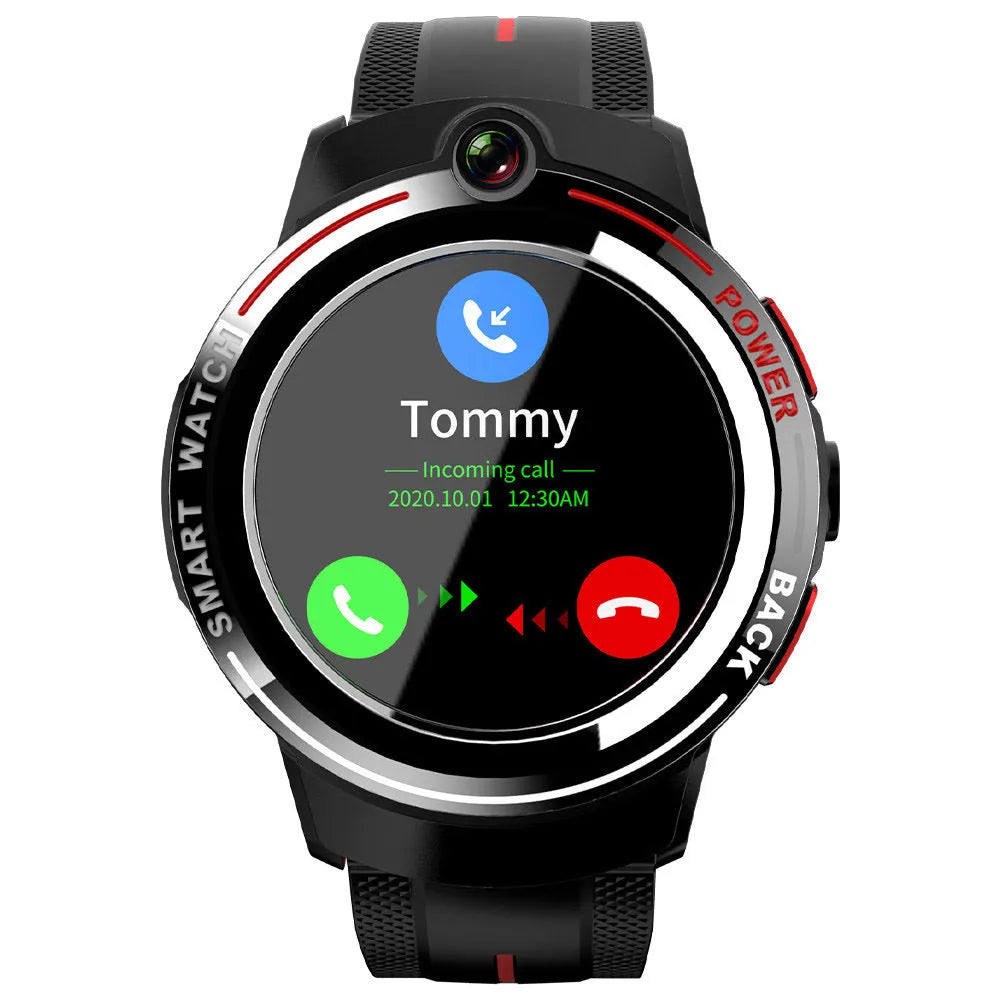4G smart watch with ceramic bezel, AMOLED screen, rubber wristband, and touch buttons on a wrist
