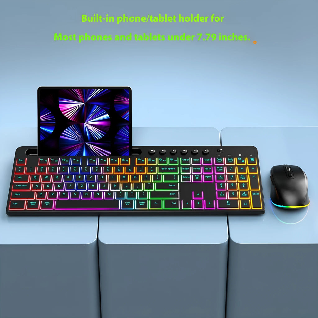 Black wireless keyboard and mouse set with card slot and luminous design elements
