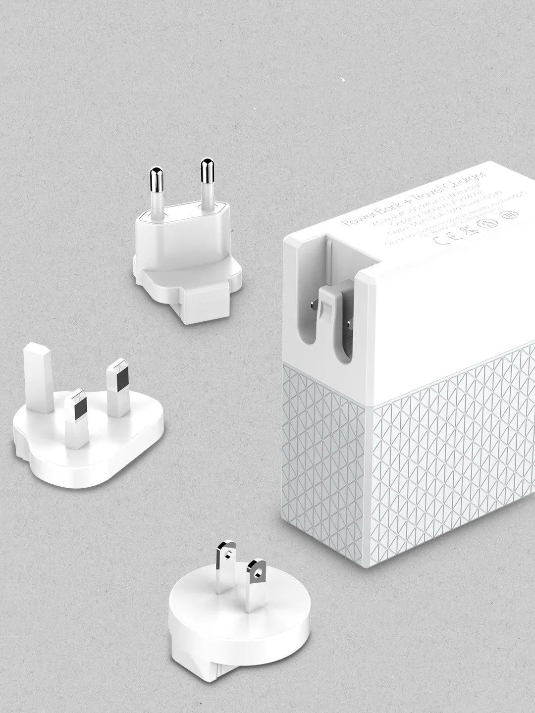 White two-in-one power bank charger with folding plug, showing compact cylindrical design.