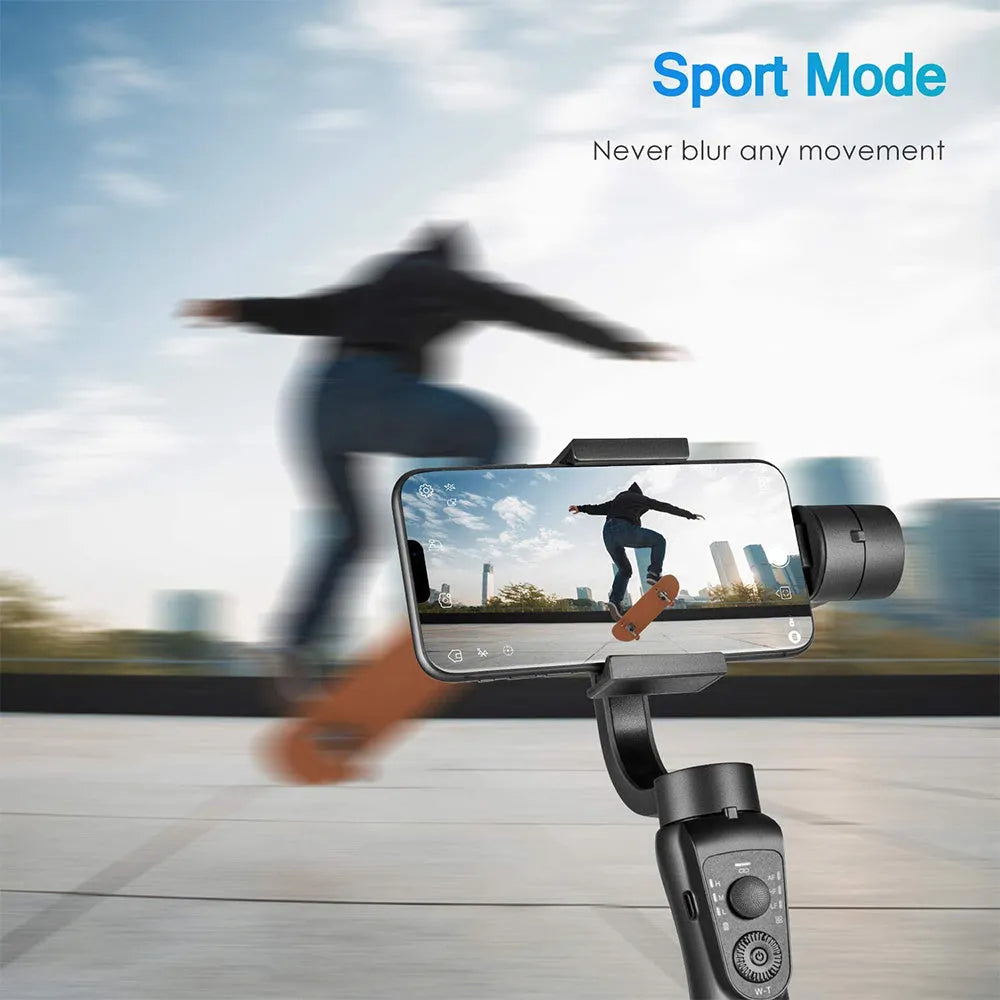 Black three-axis handheld gimbal stabiliser for mobile phone with PPA+nylon arm, ABS+PC handle, and tripod