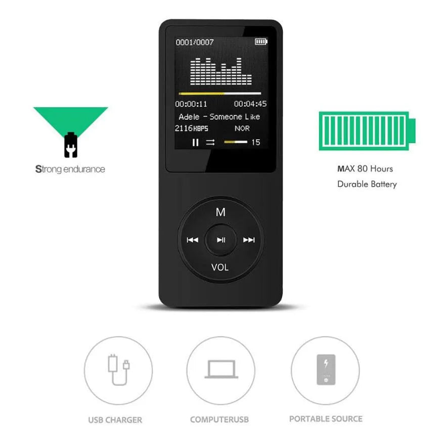 Black portable MP3 player with 1.8-inch TFT display, buttons, and TF card slot on a white background