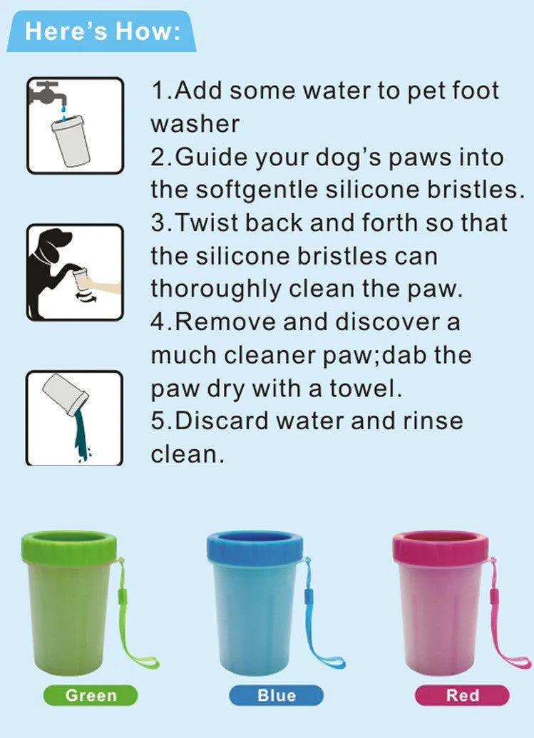 Dog paw cleaner with soft silicone bristles, BPA free, flat bottle mouth, in pink, blue or green, sizes S and L.