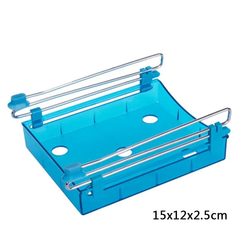 Hanging plastic refrigerator storage rack with drawer compartments and clapboard design for kitchen organisation