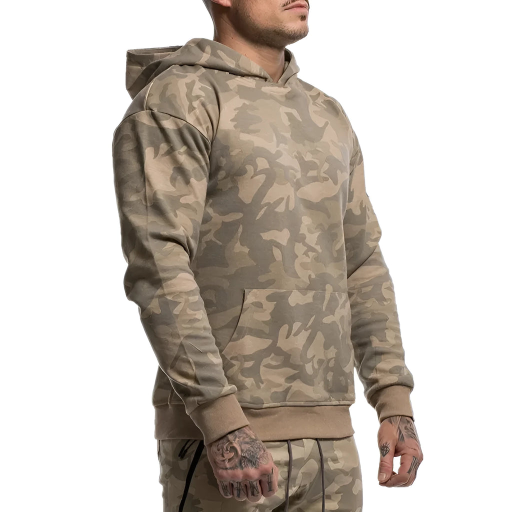 Men's camouflage cotton hoodie gym fitness pullover in dark blue with kangaroo pocket