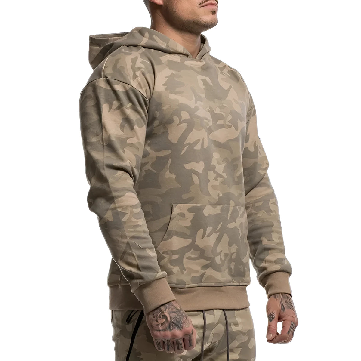 Men's camouflage cotton hoodie gym fitness pullover in dark blue with kangaroo pocket
