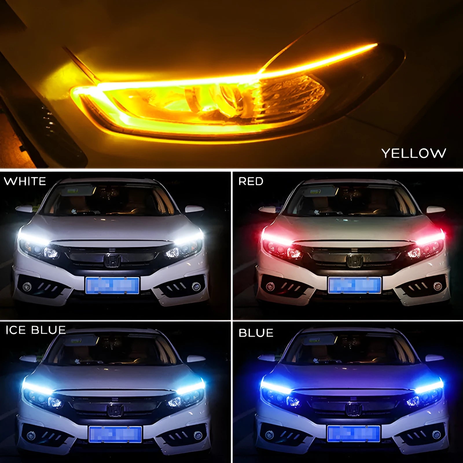 Flexible silicone car LED strip for daytime running lights and animated turn signals on a vehicle headlight.