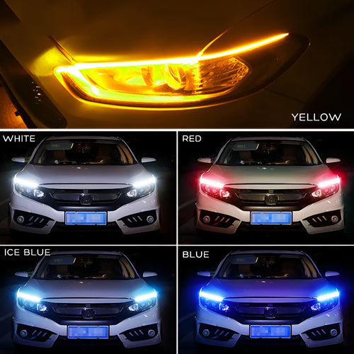 Flexible silicone car LED strip for daytime running lights and animated turn signals on a vehicle headlight.