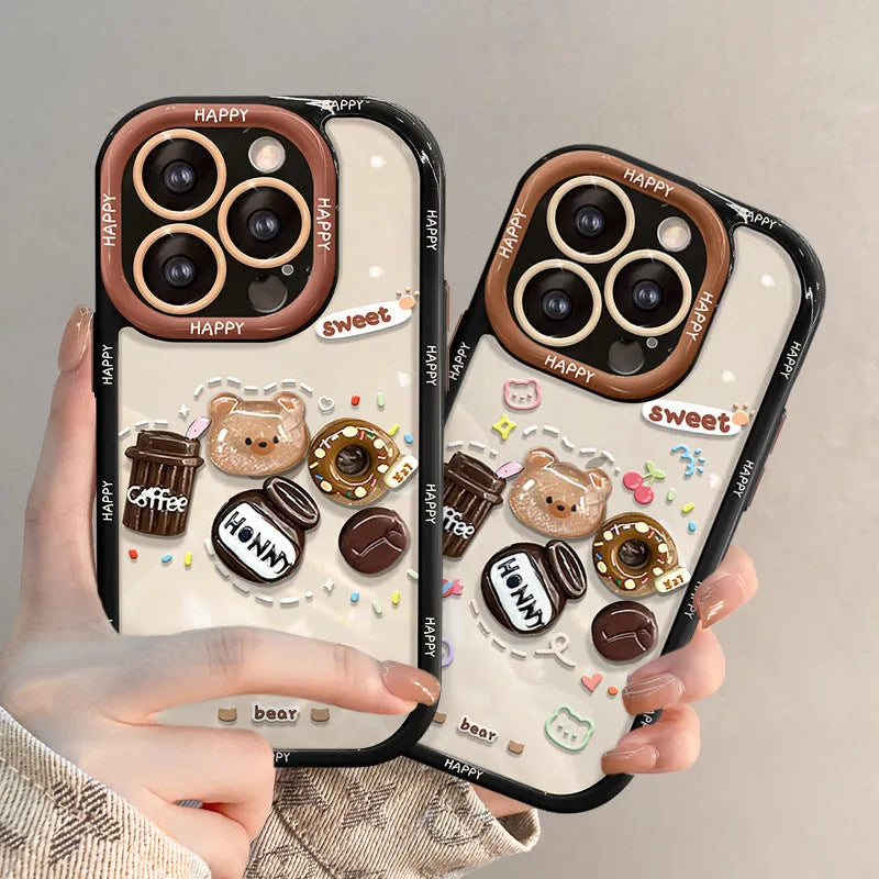 Silicone phone case with coffee bear doll pendant in cream colour for Apple iPhone models