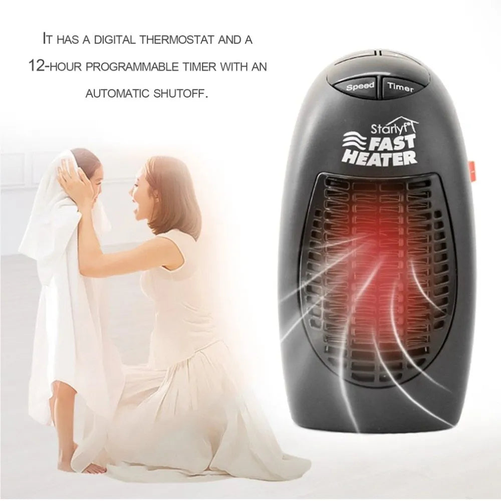 Black mini portable electric heater with digital display and a rotating plug on a white background.