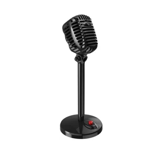 Black USB condenser microphone with stand, adjustable neck, and foam windscreen, placed on a desk
