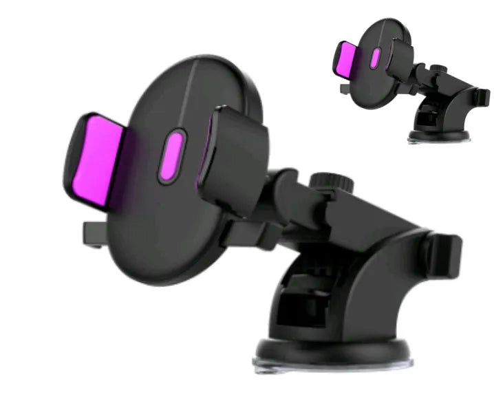 Car phone holder with black suction cup and telescopic arm on car dashboard