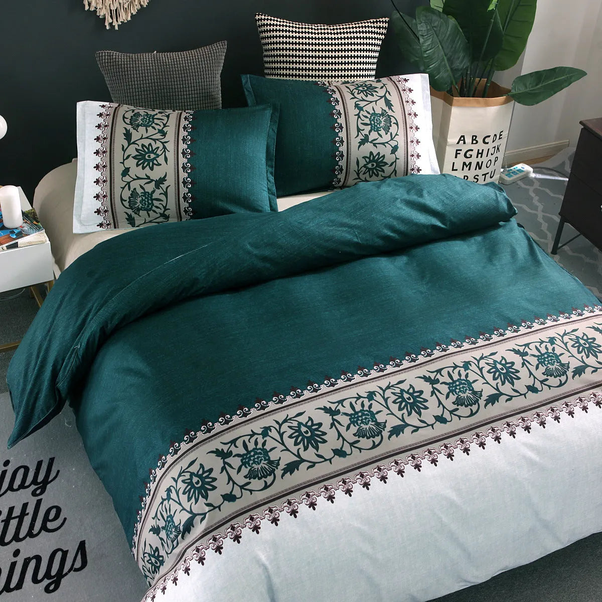 Plain weave polyester duvet cover set in solid colour or floral pattern on a bed