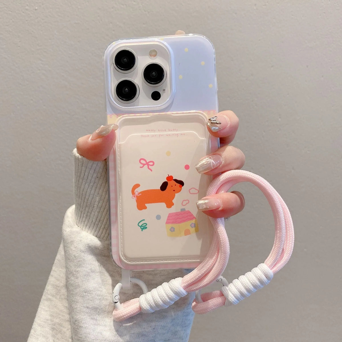 Cartoon lanyard phone case with card holder in Coconut Puppy colour for iPhone 15