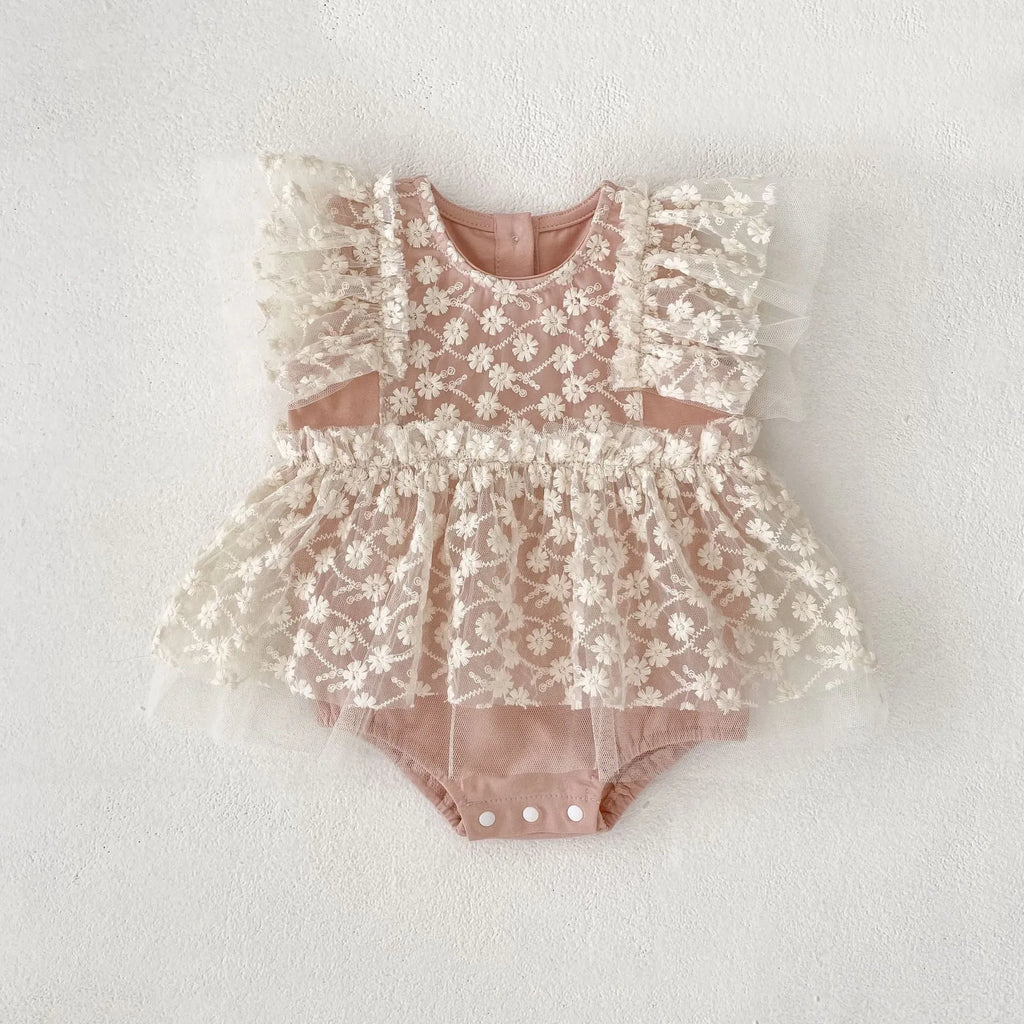 Baby girl mesh jumpsuit full moon romper in matte pink, short sleeves, cotton blend triangle style