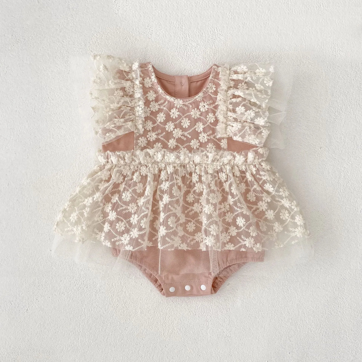 Baby girl mesh jumpsuit full moon romper in matte pink, short sleeves, cotton blend triangle style