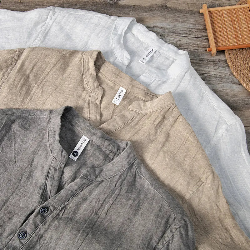 Retro linen pullover top in solid colour with short sleeves on mannequin
