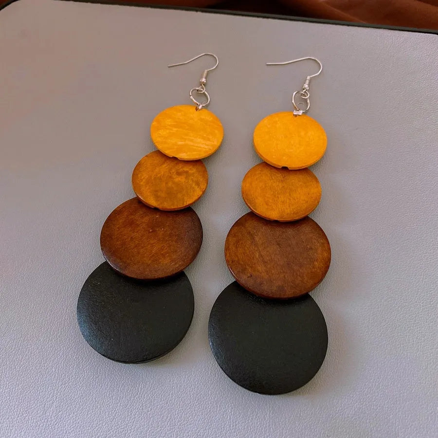 Ethnic style round wooden bead tassel earrings in coffee colour