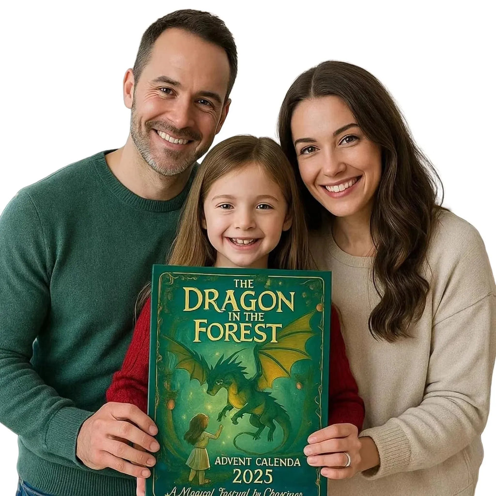 Forest Dragon advent calendar 26x18cm with printed acrylic pendants hanging on a wall