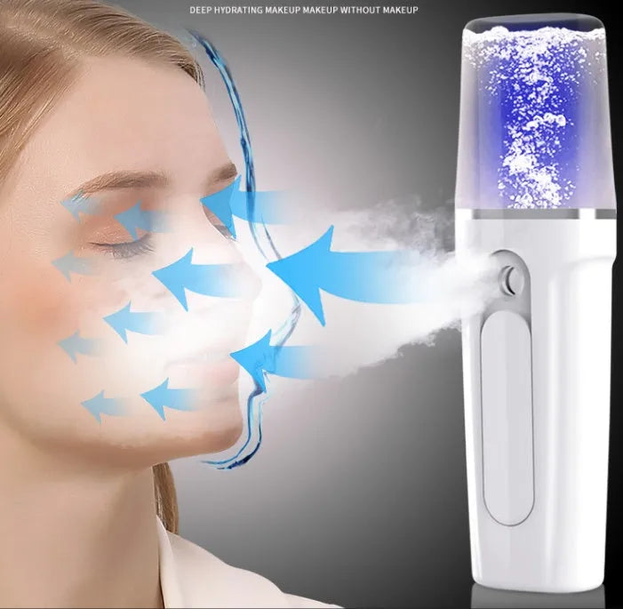 Pink handy nano mist sprayer with 26ml water tank and 2200mAh power bank on white background