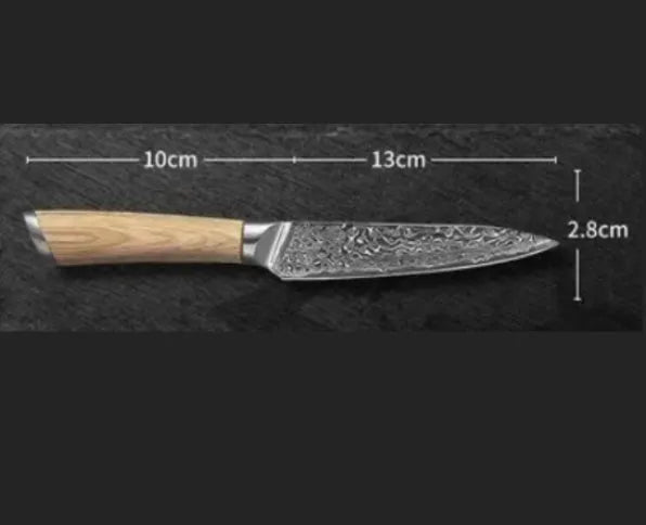 12-piece Damascus steel kitchen knife set with various blade types on a wooden block.