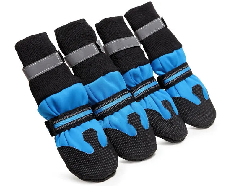 Waterproof dog boots for large medium dogs in blue with non-slip rubber sole and reflective velcro straps
